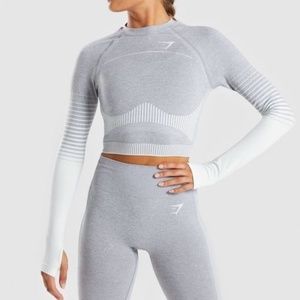 Gymshark Amplify Seamless Long Sleeve Crop Top - Light Grey Marl/Sea Green